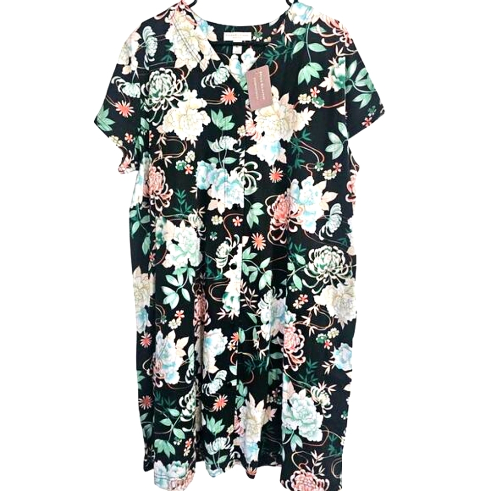 Miss Elaine Essentials NWT‎ Plus Size Floral Short-Sleeve Snap Robe XL Black